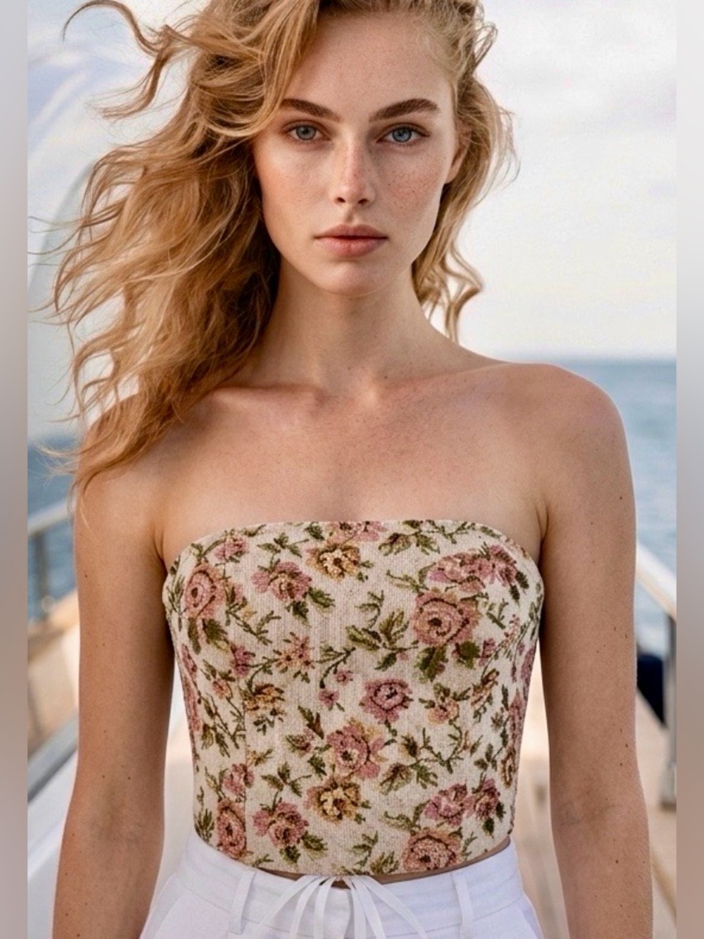 Floral Tapestry Backless Corset Crop Top w/Sweetheart Neckline & Ribbon Lacing M